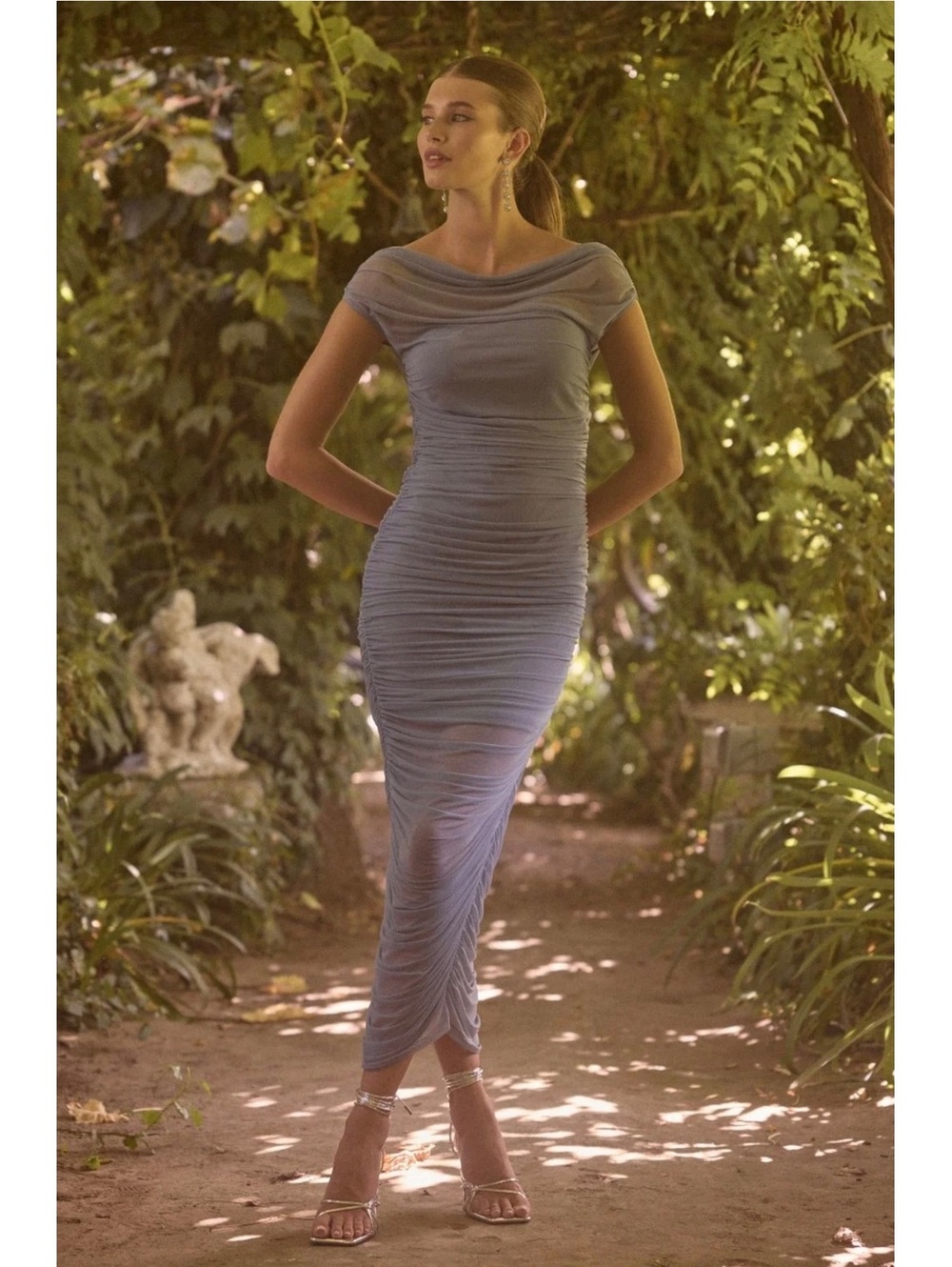 Lulus Sunama Slate Blue Mesh Ruched Bodycon Midi Dress Size M NWT